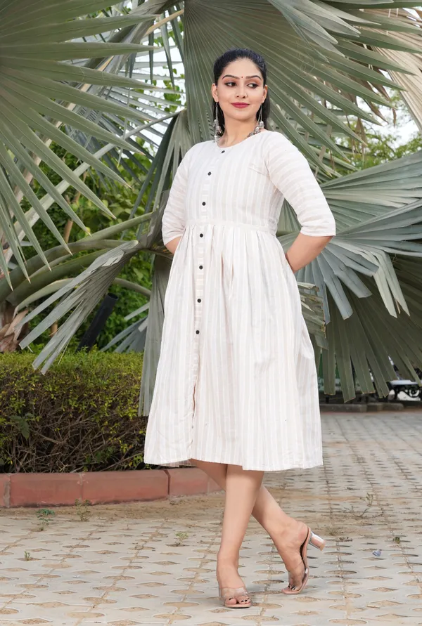 Beige_Regular_Cotton_Blend_Striped_Calf_Length_KurtaFor_Women