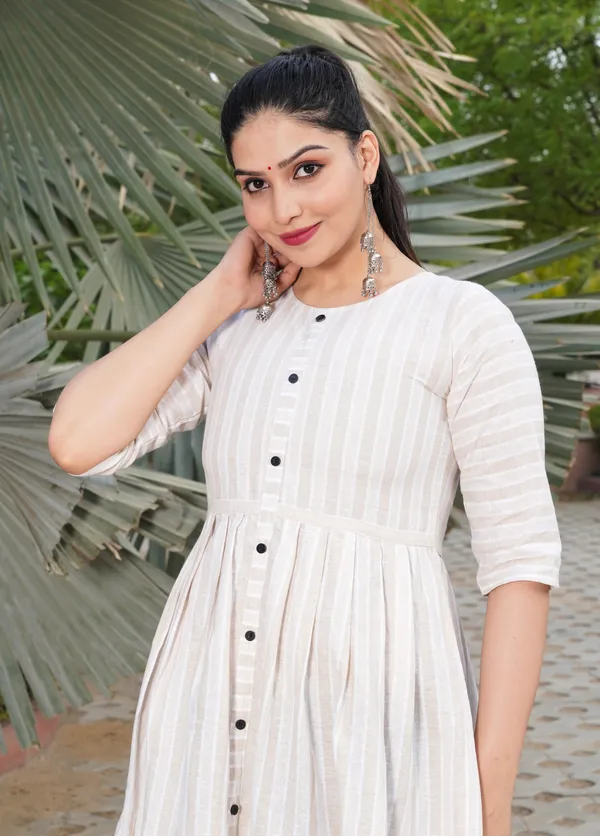 Beige_Regular_Cotton_Blend_Striped_Calf_Length_KurtaFor_Women