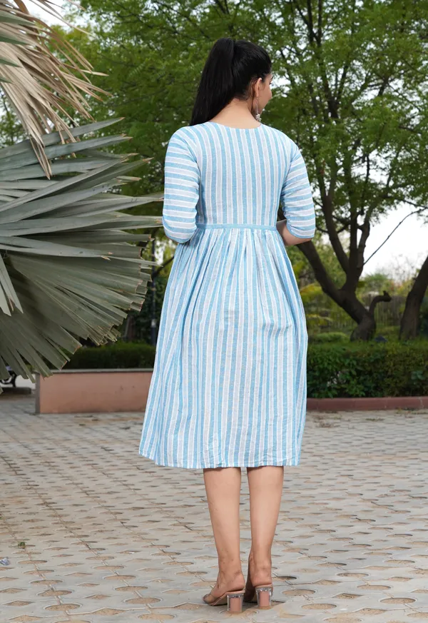 Blue_Regular_Cotton_Blend_Striped_Calf_Length_Kurta_For_Women