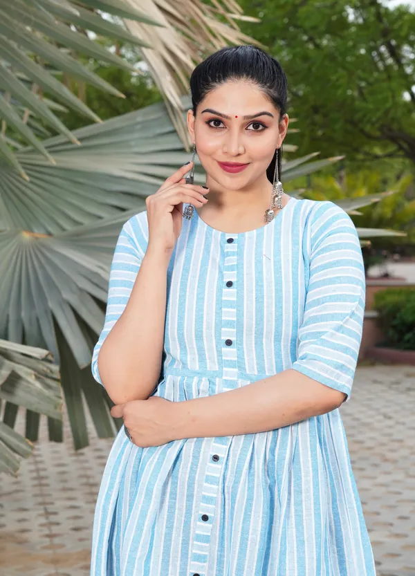 Blue_Regular_Cotton_Blend_Striped_Calf_Length_Kurta_For_Women