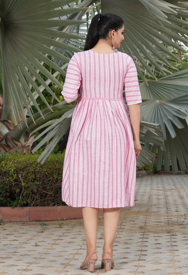 Pink_Regular_Cotton_Blend_Striped_Calf_Length_KurtaFor_Women