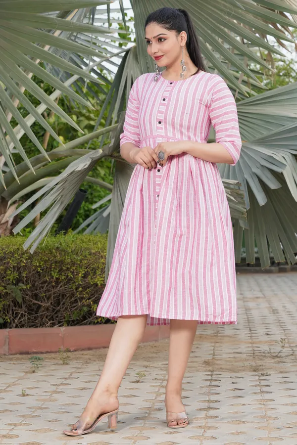 Pink_Regular_Cotton_Blend_Striped_Calf_Length_KurtaFor_Women