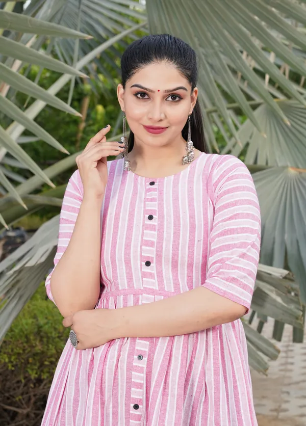 Pink_Regular_Cotton_Blend_Striped_Calf_Length_KurtaFor_Women