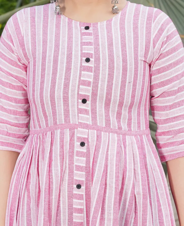 Pink_Regular_Cotton_Blend_Striped_Calf_Length_KurtaFor_Women