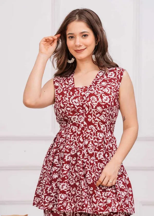 Maroon_Viscose_Rayon_Casual_Tunic_Pant_Printed_Co-Ords_Set_For_Women