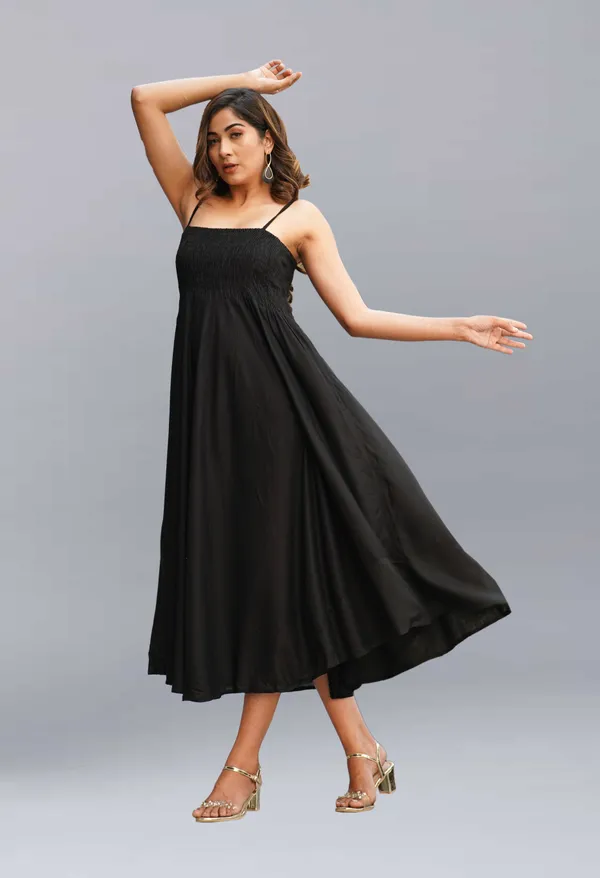 Black_Viscose_Rayon_Midi/Calf_Length_Gown_Dress_For_Women
