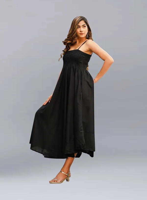Black_Viscose_Rayon_Midi/Calf_Length_Gown_Dress_For_Women