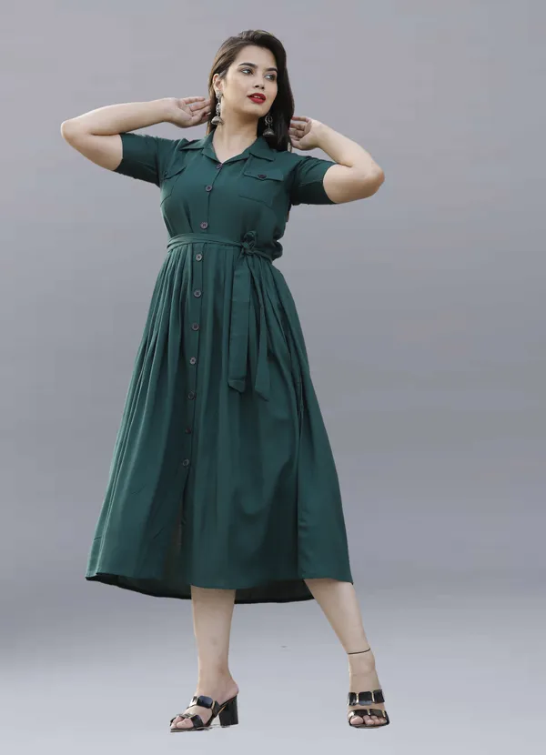 Dark_Green_Viscose_Rayon_Below_Knee_Shirt_Dress_For_Women