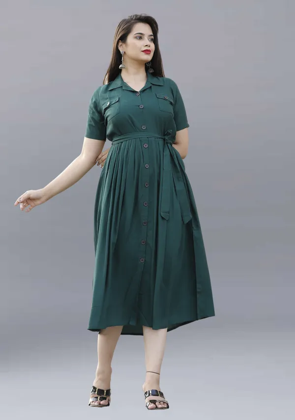 Dark_Green_Viscose_Rayon_Below_Knee_Shirt_Dress_For_Women