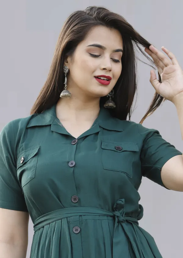 Dark_Green_Viscose_Rayon_Below_Knee_Shirt_Dress_For_Women