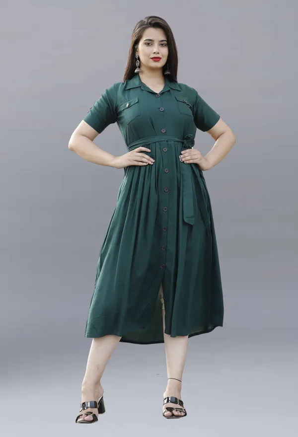 Dark_Green_Viscose_Rayon_Below_Knee_Shirt_Dress_For_Women