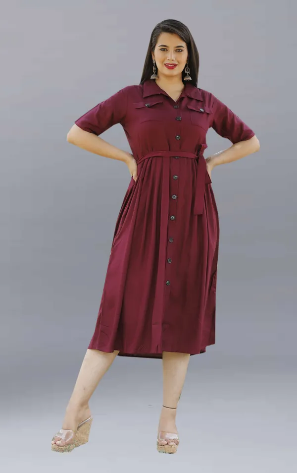 Maroon_Viscose_Rayon_Below_Knee_Shirt_Dress_For_Women