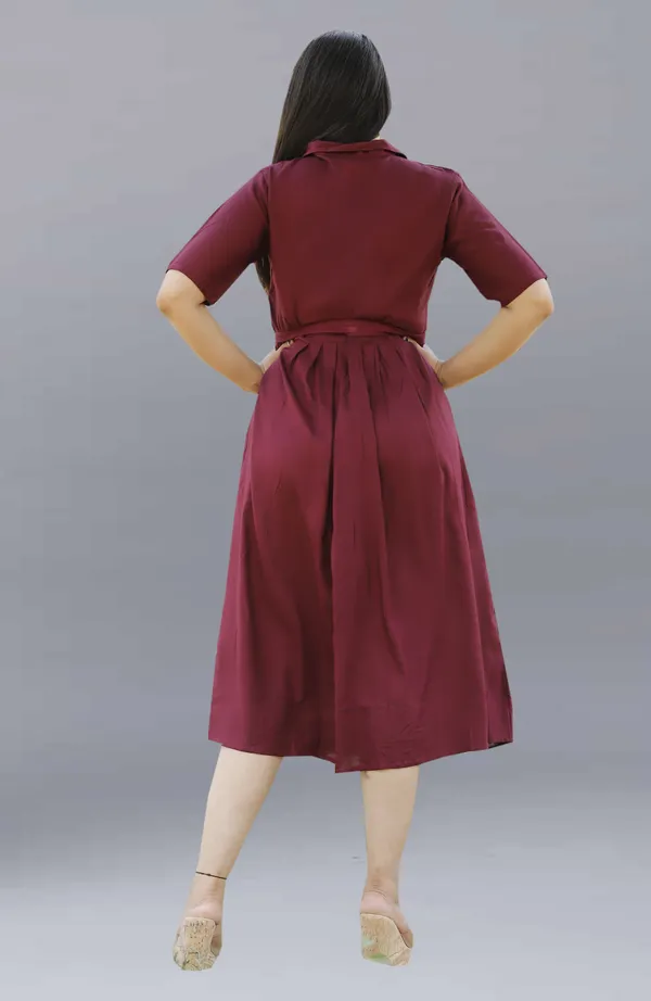 Maroon_Viscose_Rayon_Below_Knee_Shirt_Dress_For_Women