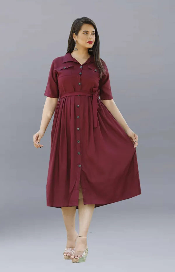 Maroon_Viscose_Rayon_Below_Knee_Shirt_Dress_For_Women