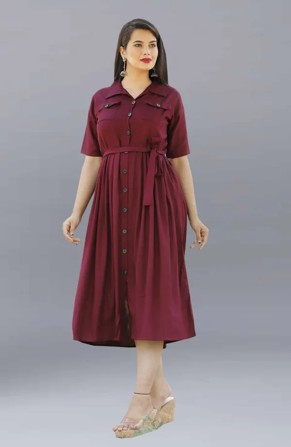 Maroon_Viscose_Rayon_Below_Knee_Shirt_Dress_For_Women