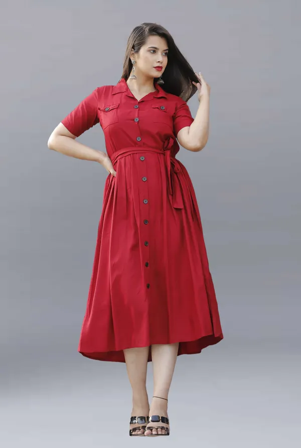 Red_Viscose_Rayon_Below_Knee_Shirt_Dress_For_Women