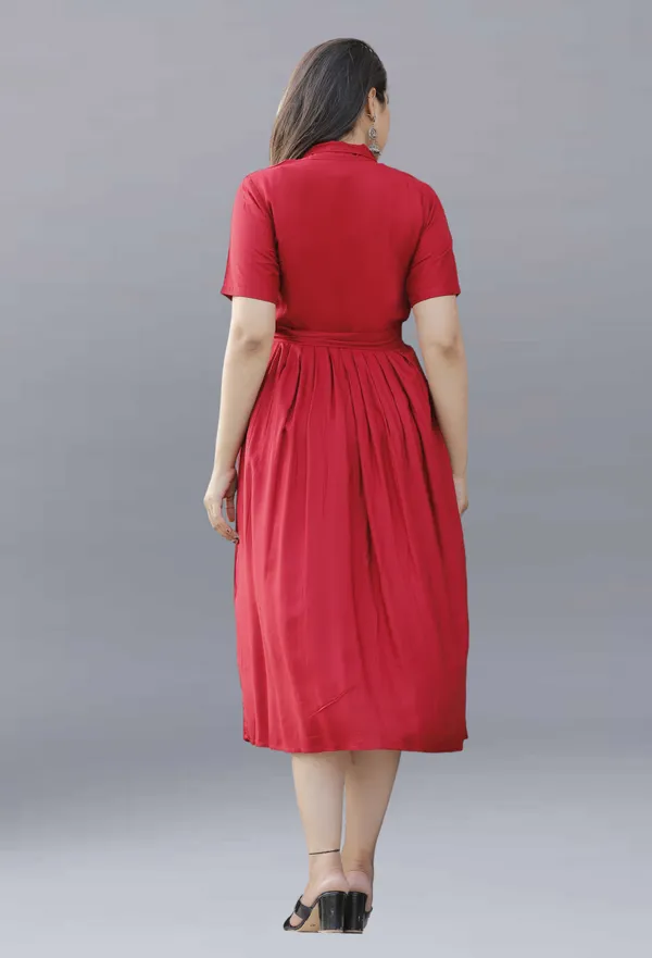Red_Viscose_Rayon_Below_Knee_Shirt_Dress_For_Women