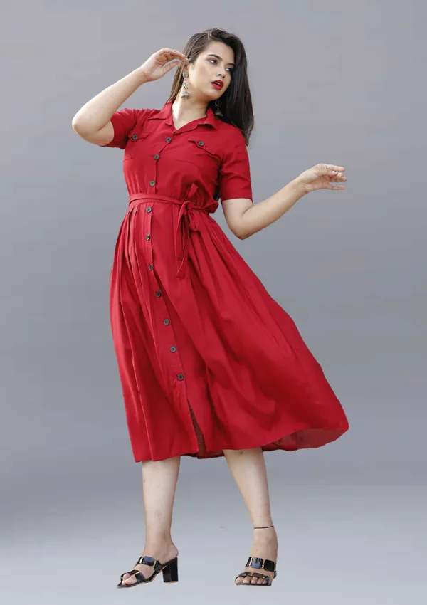 Red_Viscose_Rayon_Below_Knee_Shirt_Dress_For_Women
