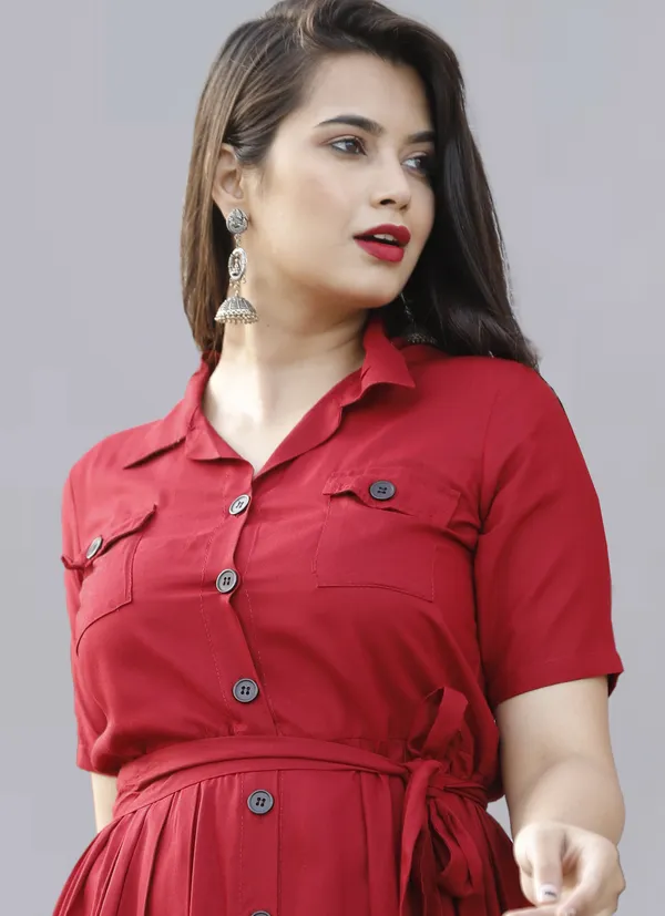 Red_Viscose_Rayon_Below_Knee_Shirt_Dress_For_Women