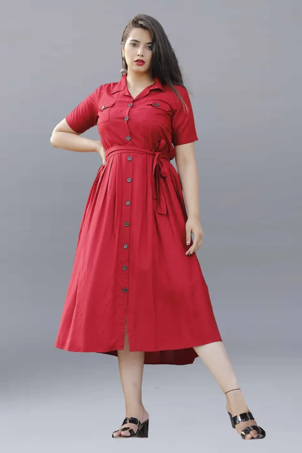 Red_Viscose_Rayon_Below_Knee_Shirt_Dress_For_Women