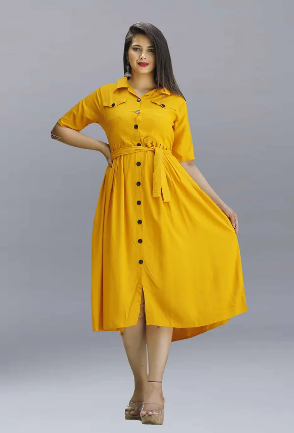 Yellow_Viscose_Rayon_Below_Knee_Shirt_Dress_For_Women