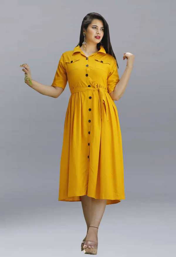 Yellow_Viscose_Rayon_Below_Knee_Shirt_Dress_For_Women