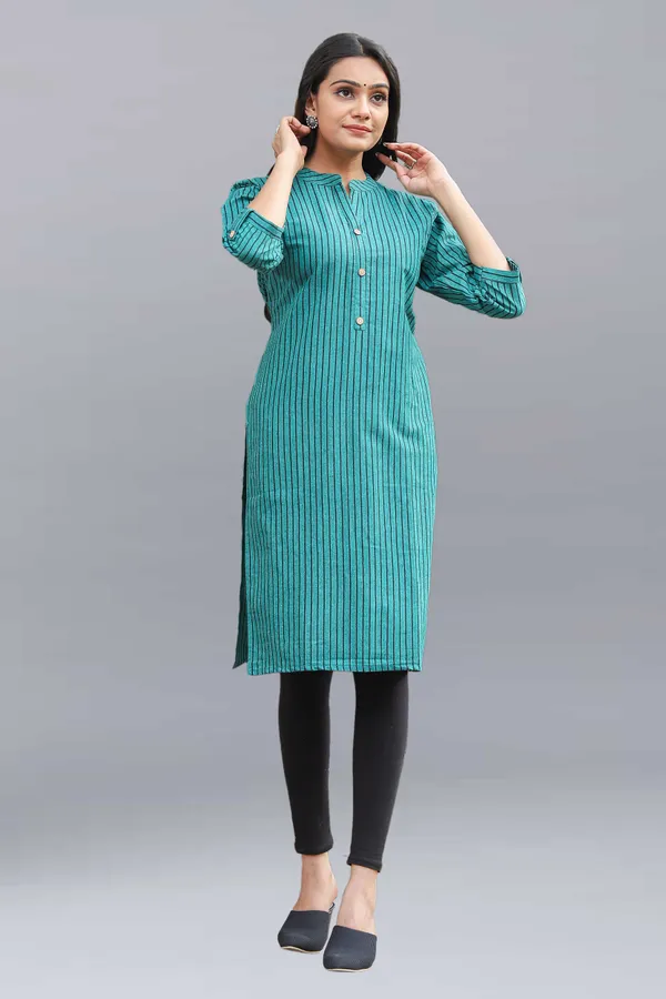 Blue_Regular_Pure_Cotton_Printed_Striped_Calf_Length_Kurta_For_Women