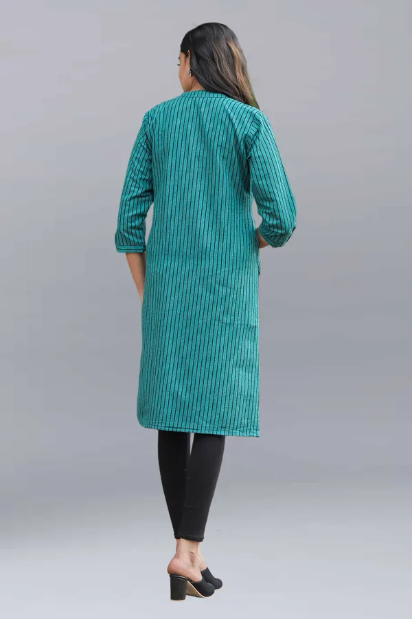 Blue_Regular_Pure_Cotton_Printed_Striped_Calf_Length_Kurta_For_Women