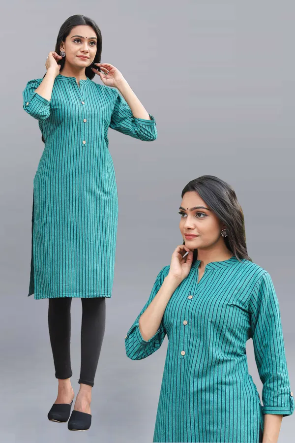 Blue_Regular_Pure_Cotton_Printed_Striped_Calf_Length_Kurta_For_Women
