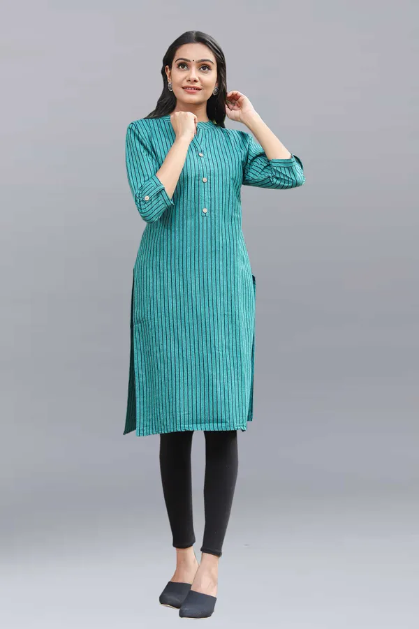 Blue_Regular_Pure_Cotton_Printed_Striped_Calf_Length_Kurta_For_Women