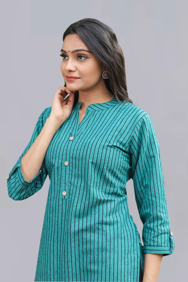 Blue_Regular_Pure_Cotton_Printed_Striped_Calf_Length_Kurta_For_Women