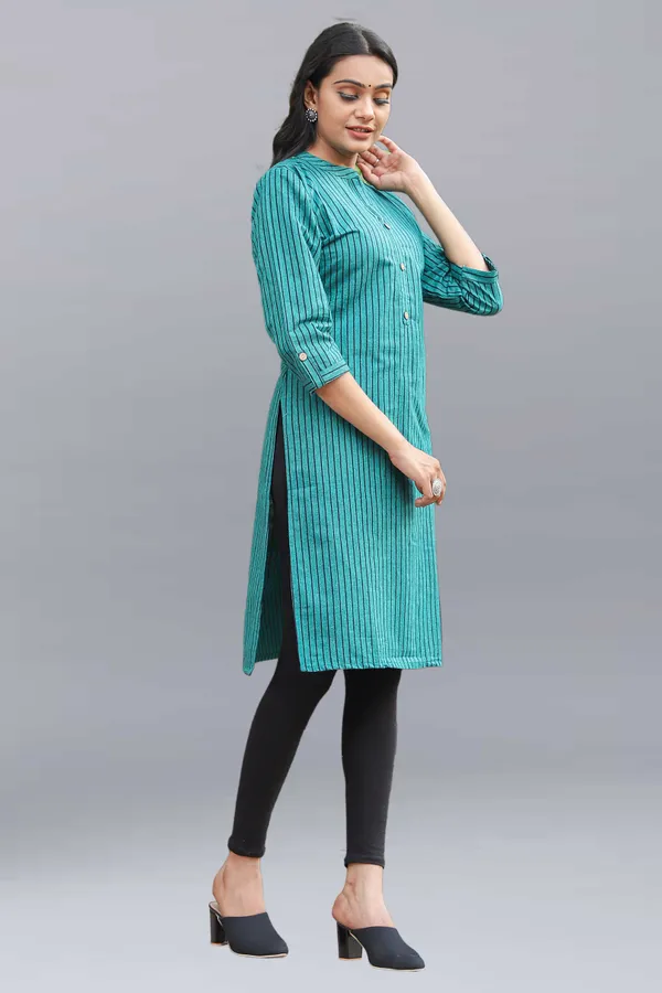 Blue_Regular_Pure_Cotton_Printed_Striped_Calf_Length_Kurta_For_Women