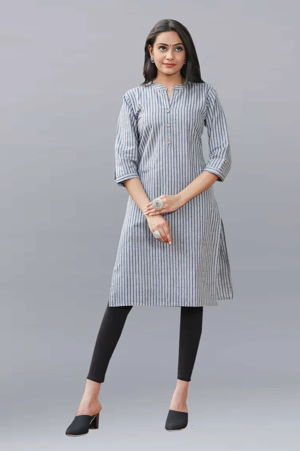 Grey_Regular_Pure_Cotton_Printed_Striped_Calf_Length_KurtaFor_Women