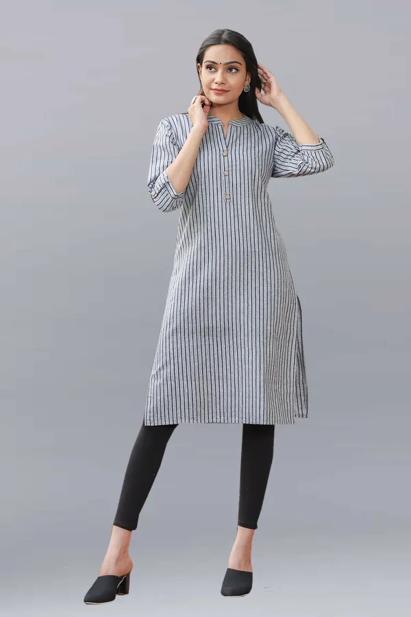 Grey_Regular_Pure_Cotton_Printed_Striped_Calf_Length_KurtaFor_Women