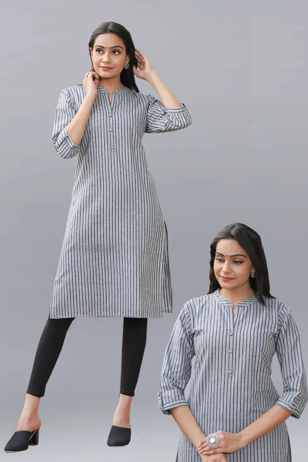 Grey_Regular_Pure_Cotton_Printed_Striped_Calf_Length_KurtaFor_Women