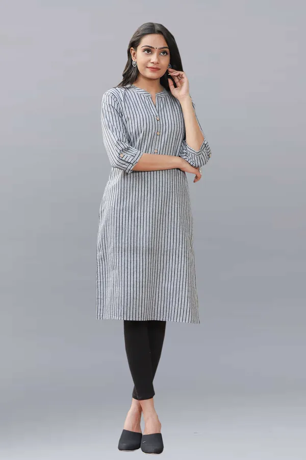 Grey_Regular_Pure_Cotton_Printed_Striped_Calf_Length_KurtaFor_Women