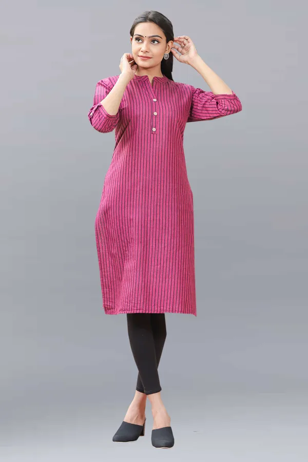 Pink_Regular_Pure_Cotton_Printed_Striped_Calf_Length_Kurta_For_Women