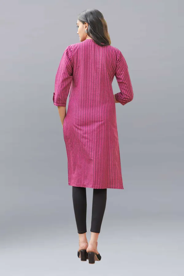 Pink_Regular_Pure_Cotton_Printed_Striped_Calf_Length_Kurta_For_Women