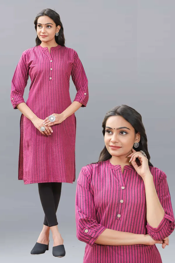 Pink_Regular_Pure_Cotton_Printed_Striped_Calf_Length_Kurta_For_Women