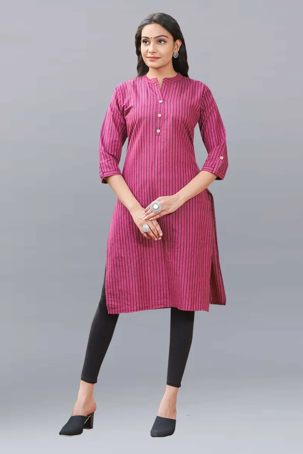 Pink_Regular_Pure_Cotton_Printed_Striped_Calf_Length_Kurta_For_Women
