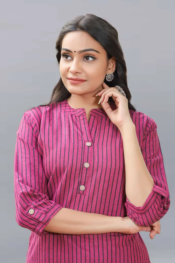 Pink_Regular_Pure_Cotton_Printed_Striped_Calf_Length_Kurta_For_Women