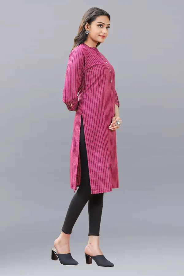 Pink_Regular_Pure_Cotton_Printed_Striped_Calf_Length_Kurta_For_Women