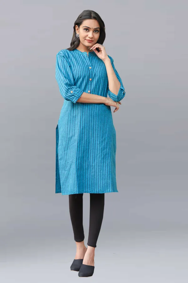 Blue_Regular_Pure_Cotton_Printed_Striped_Calf_Length_KurtaFor_Women