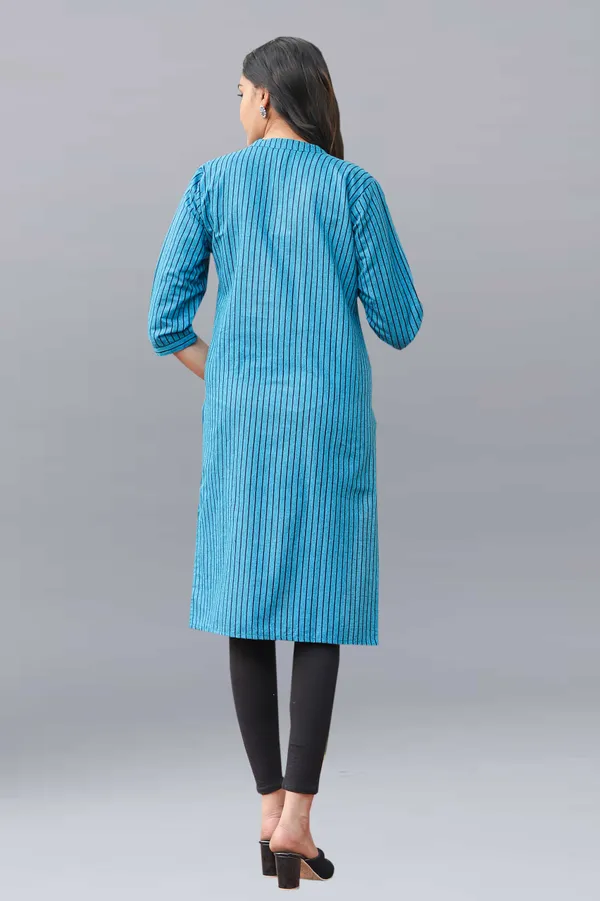 Blue_Regular_Pure_Cotton_Printed_Striped_Calf_Length_KurtaFor_Women