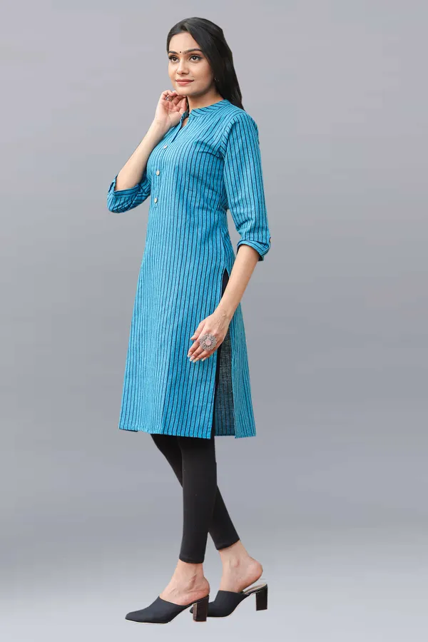 Blue_Regular_Pure_Cotton_Printed_Striped_Calf_Length_KurtaFor_Women
