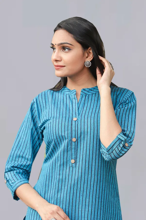 Blue_Regular_Pure_Cotton_Printed_Striped_Calf_Length_KurtaFor_Women