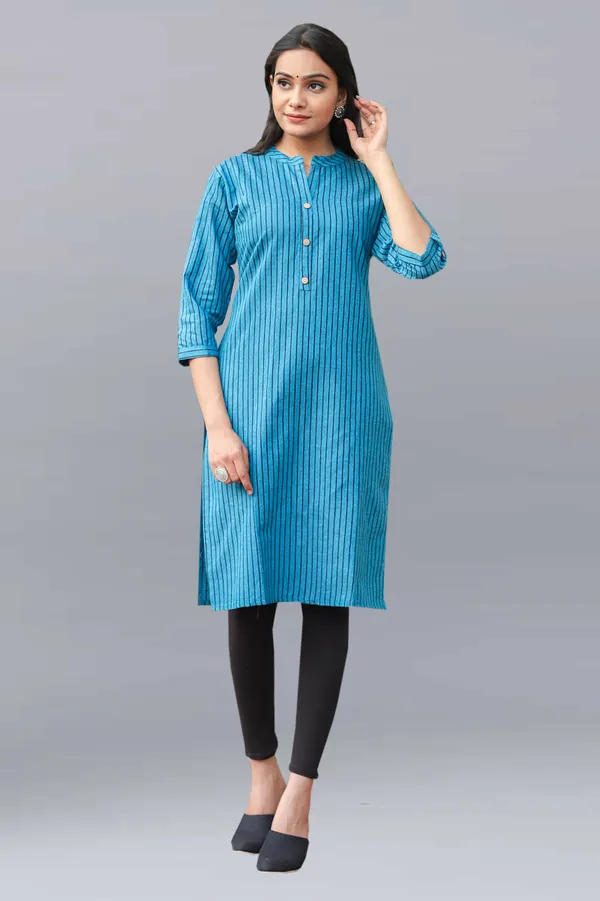 Blue_Regular_Pure_Cotton_Printed_Striped_Calf_Length_KurtaFor_Women