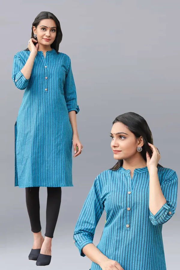 Blue_Regular_Pure_Cotton_Printed_Striped_Calf_Length_KurtaFor_Women