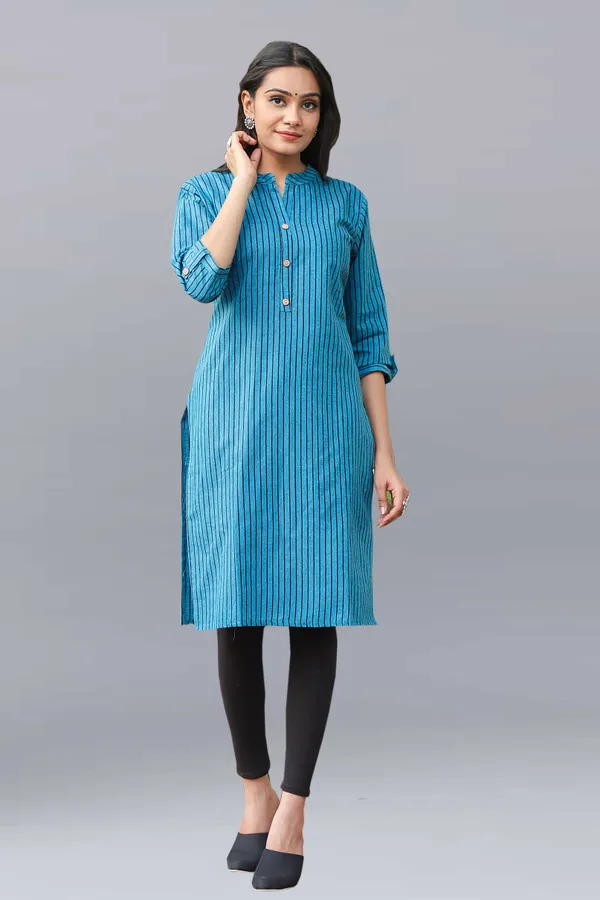 Blue_Regular_Pure_Cotton_Printed_Striped_Calf_Length_KurtaFor_Women