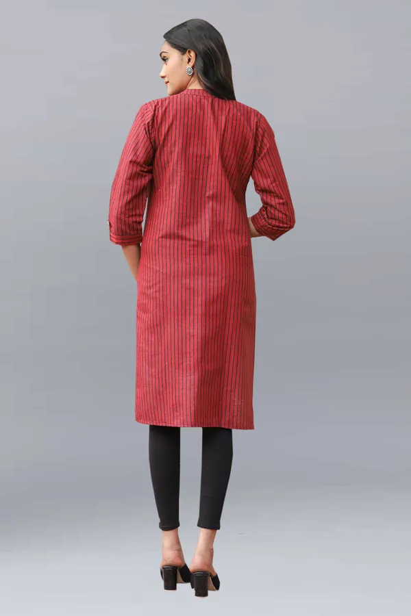 Maroon_Regular_Pure_Cotton_Printed_Striped_Calf_Length_Kurta_For_Women